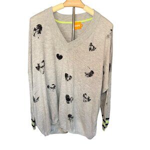 WISPR gray black painted hearts neon yellow striped cuffs v neck sweater XL